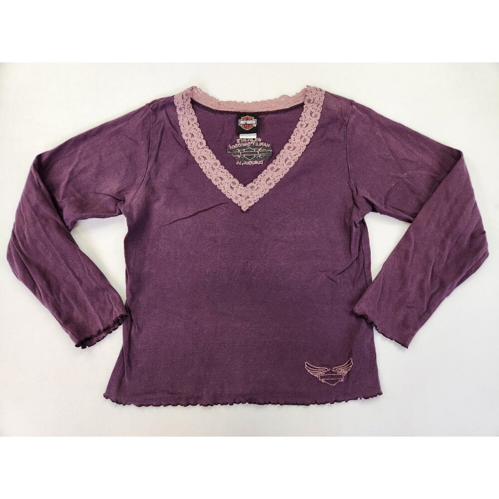 Harley-Davidson Women L V-neck purple Lace Lettuce trim embroidered Shirt Fitted